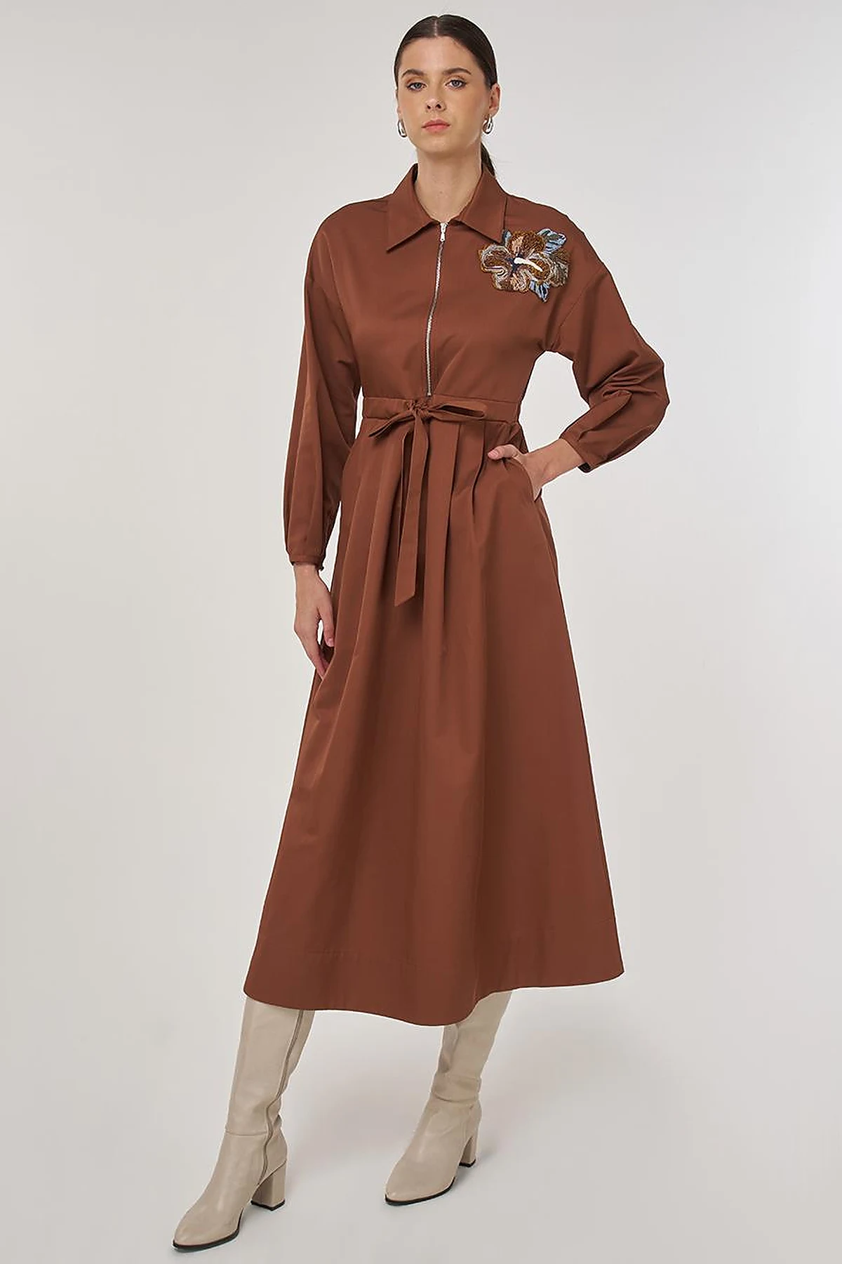 Embroidered Maxi Dress in Coffee