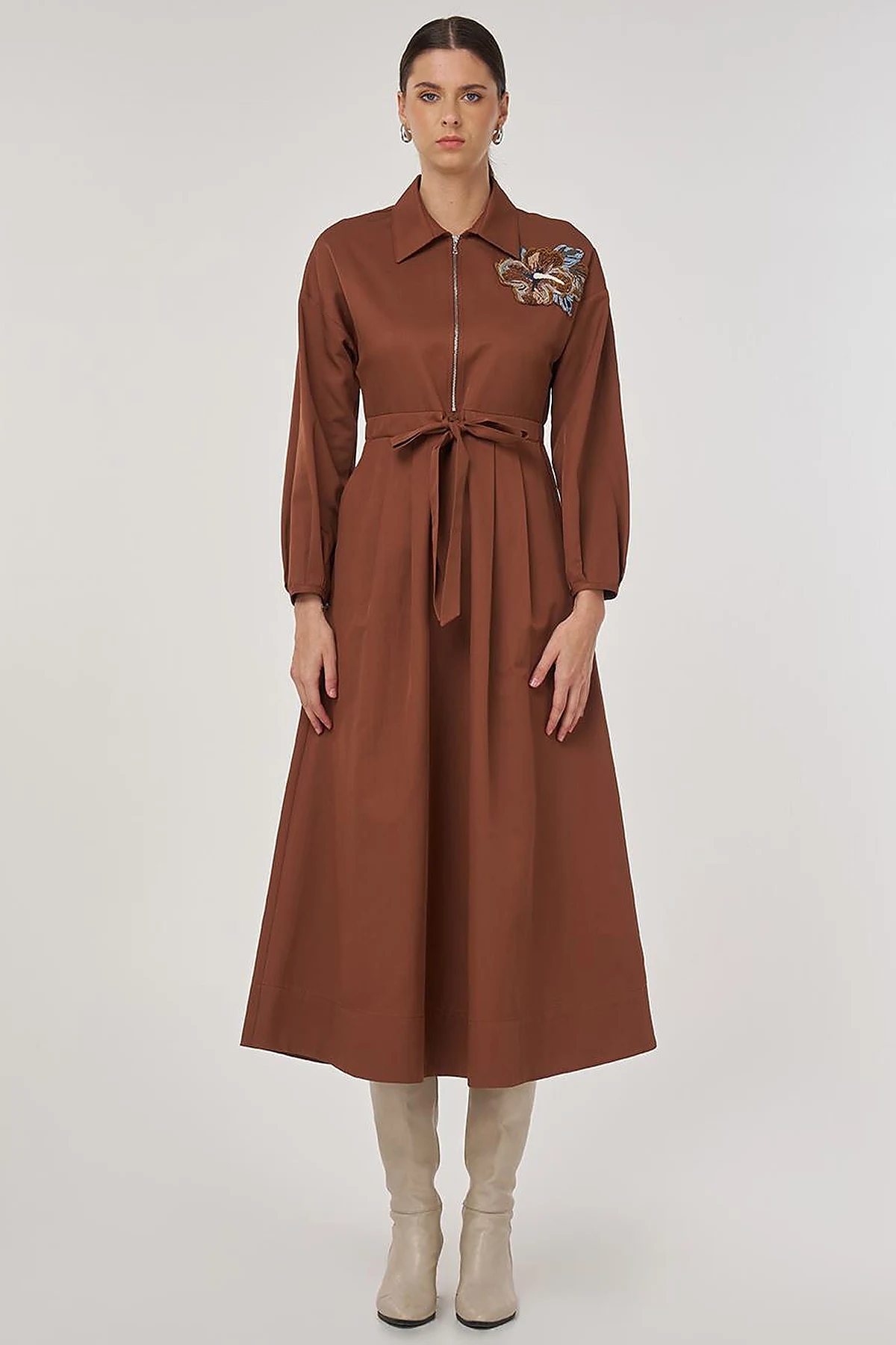 Embroidered Maxi Dress in Coffee