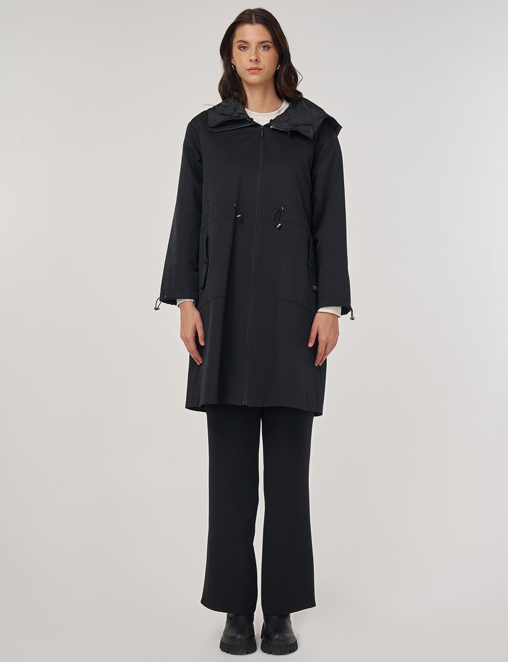 Drawstring Waist Trench Coat Black