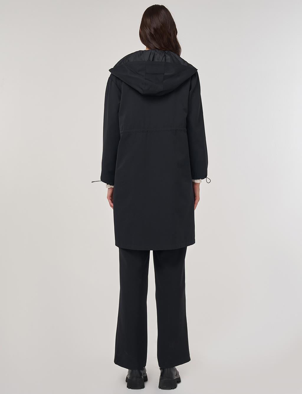 Drawstring Waist Trench Coat Black