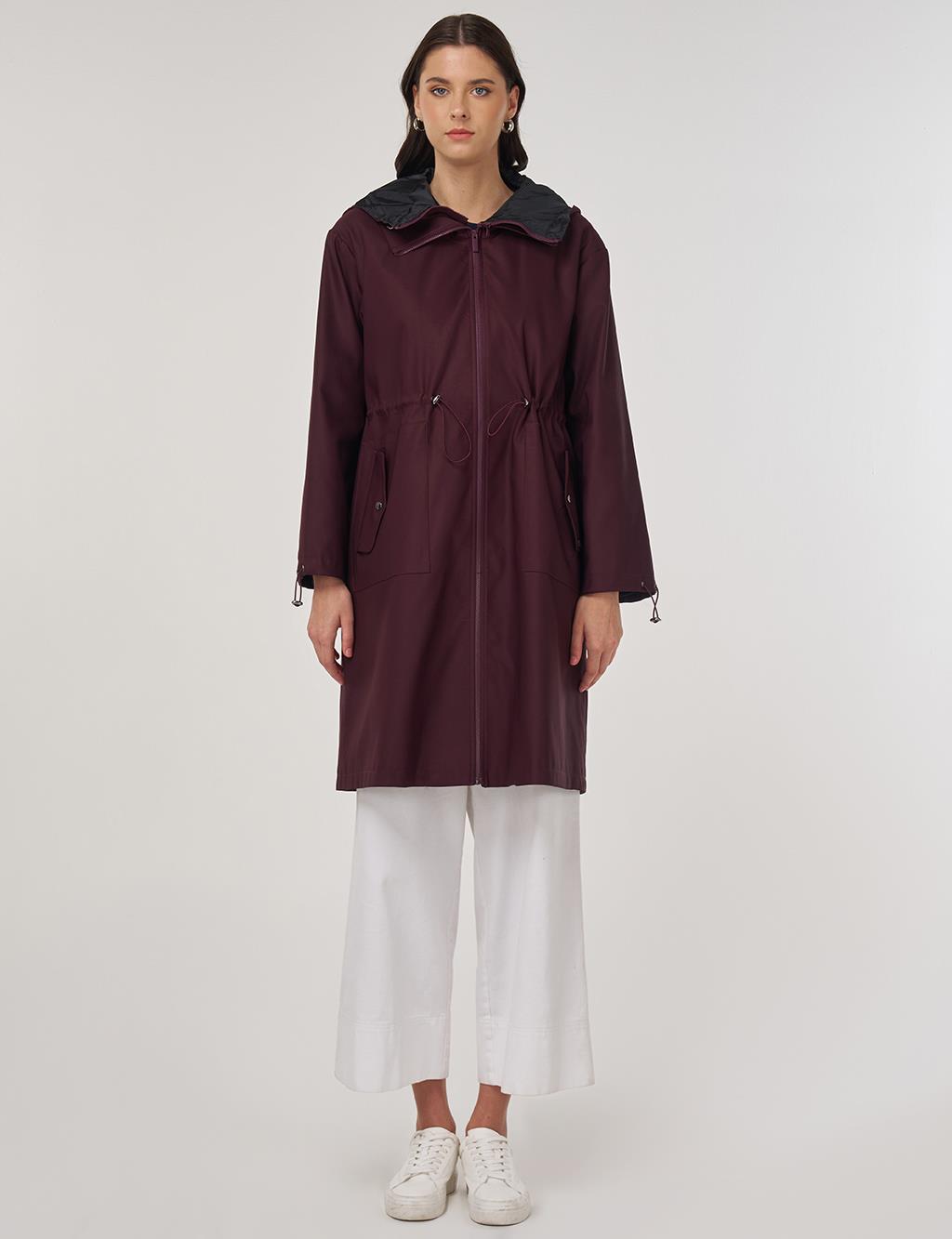 Drawstring Waist Trench Coat Burgundy