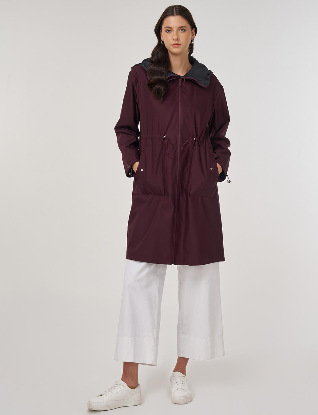 Drawstring Waist Trench Coat Burgundy