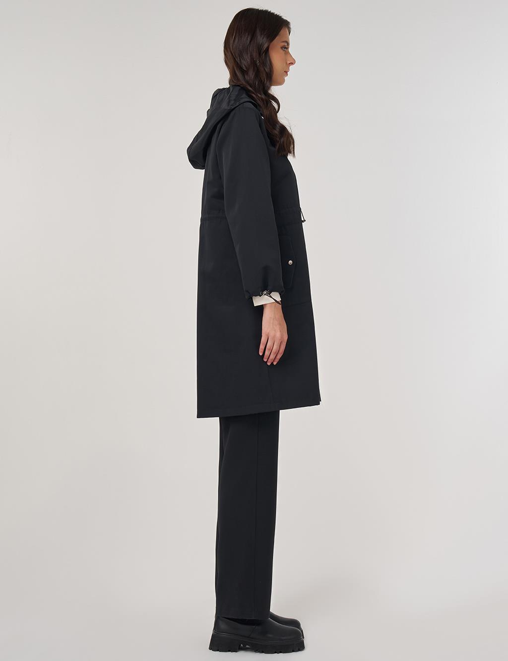Drawstring Waist Trench Coat Black