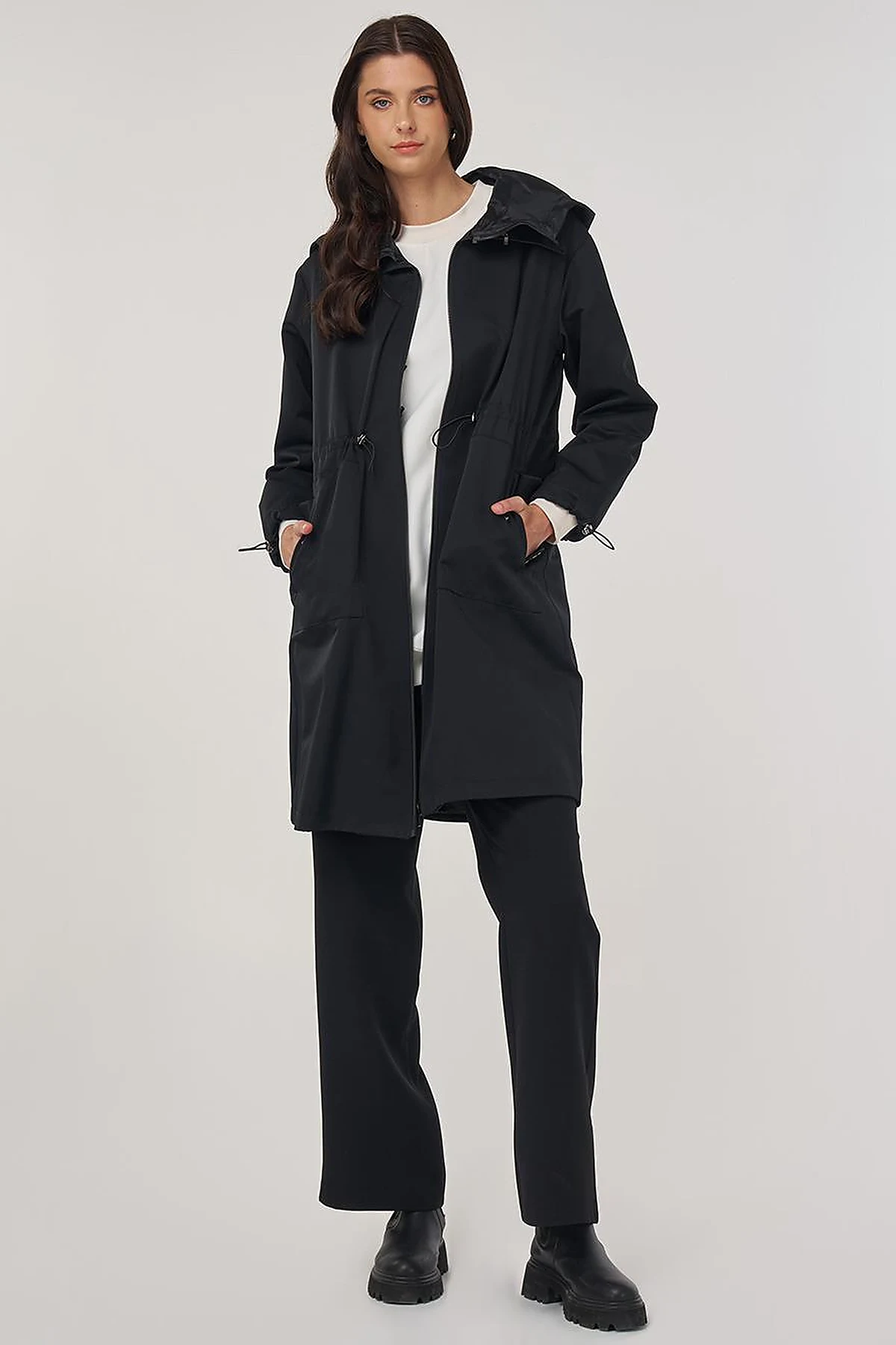 Drawstring Waist Trench Coat Black