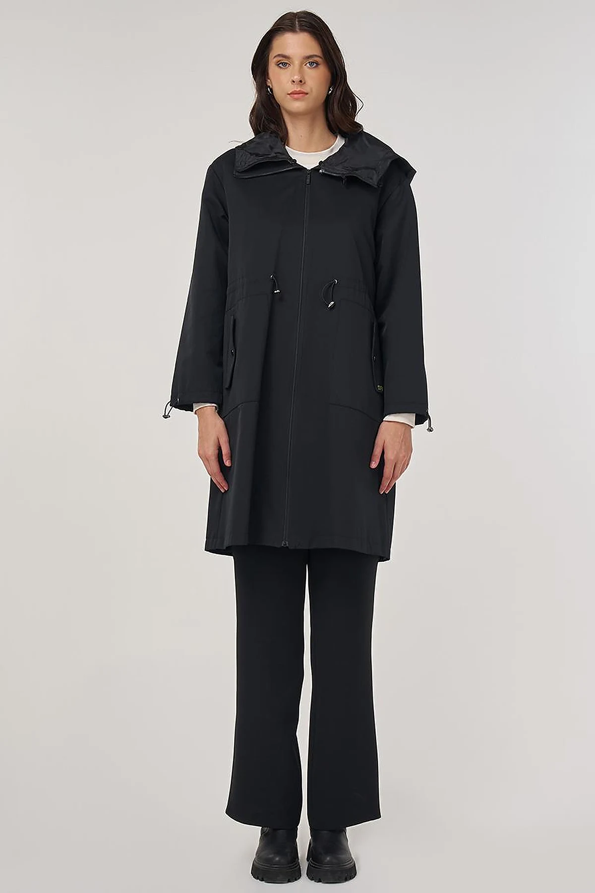 Drawstring Waist Trench Coat Black