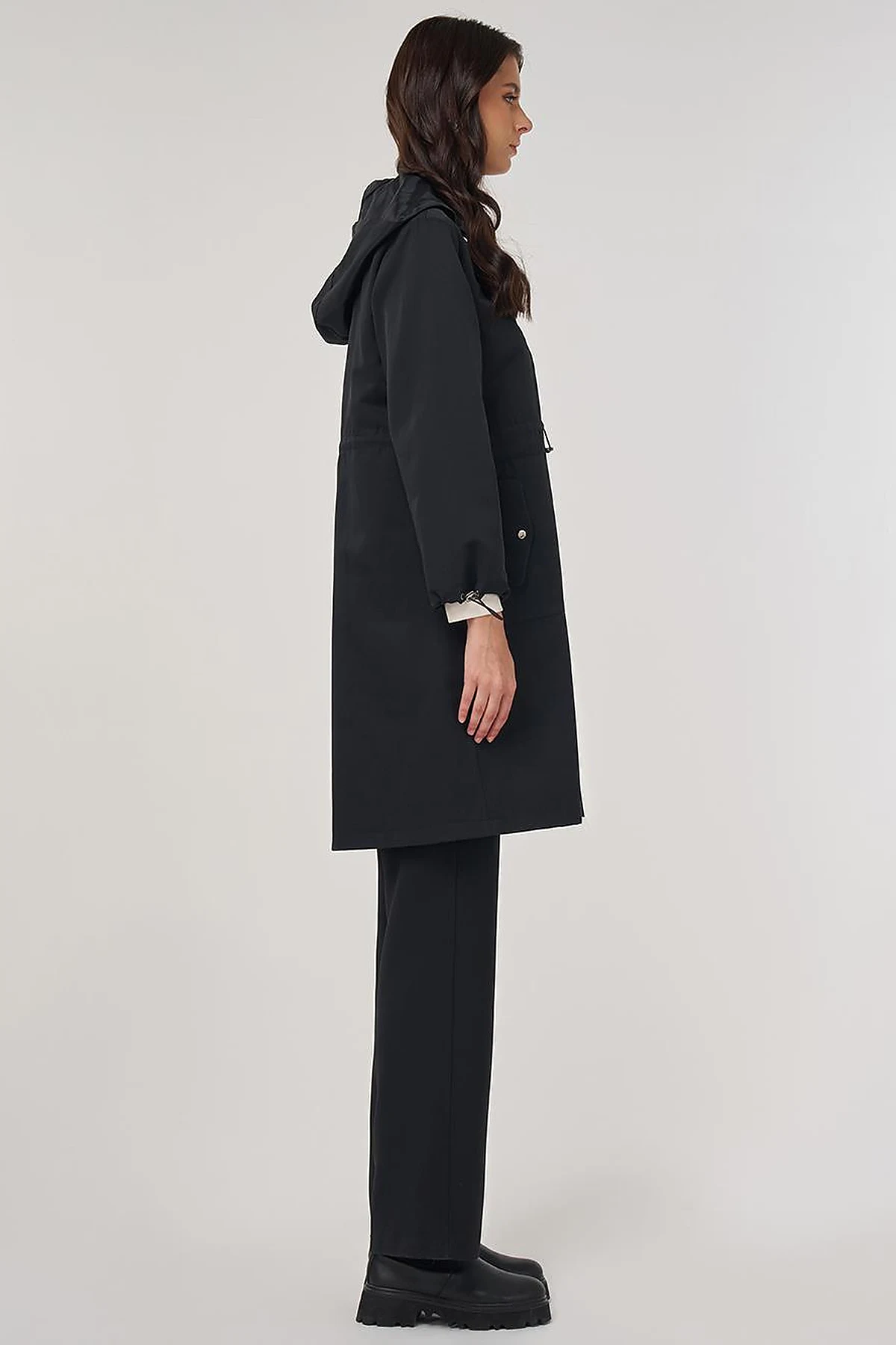 Drawstring Waist Trench Coat Black