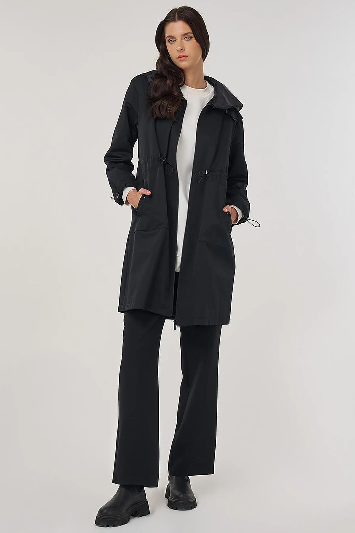 Drawstring Waist Trench Coat Black