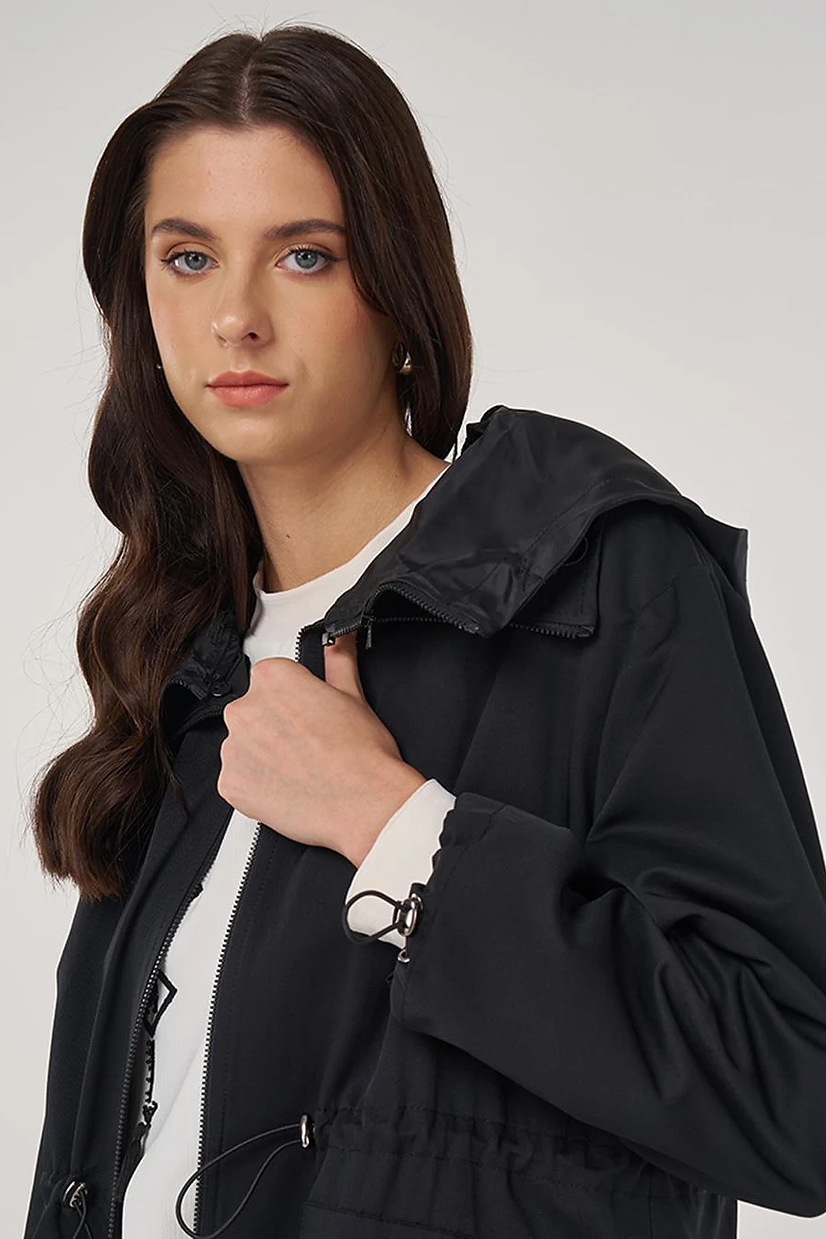Drawstring Waist Trench Coat Black