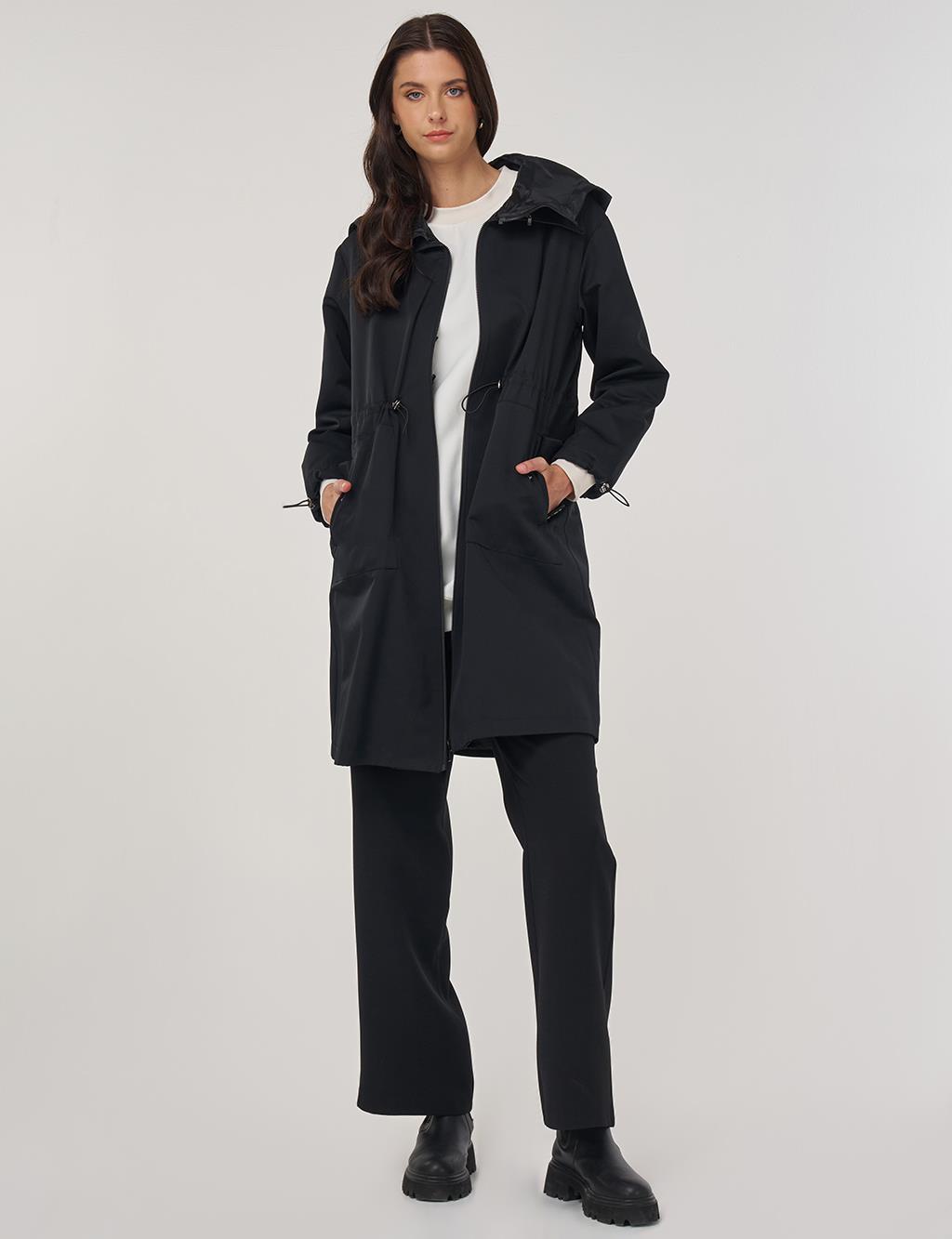 Drawstring Waist Trench Coat Black