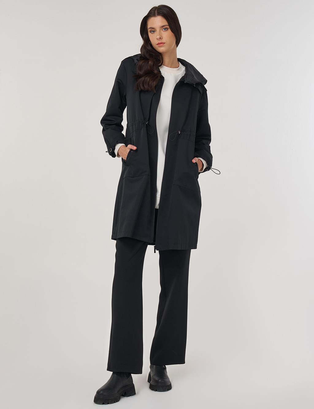 Drawstring Waist Trench Coat Black