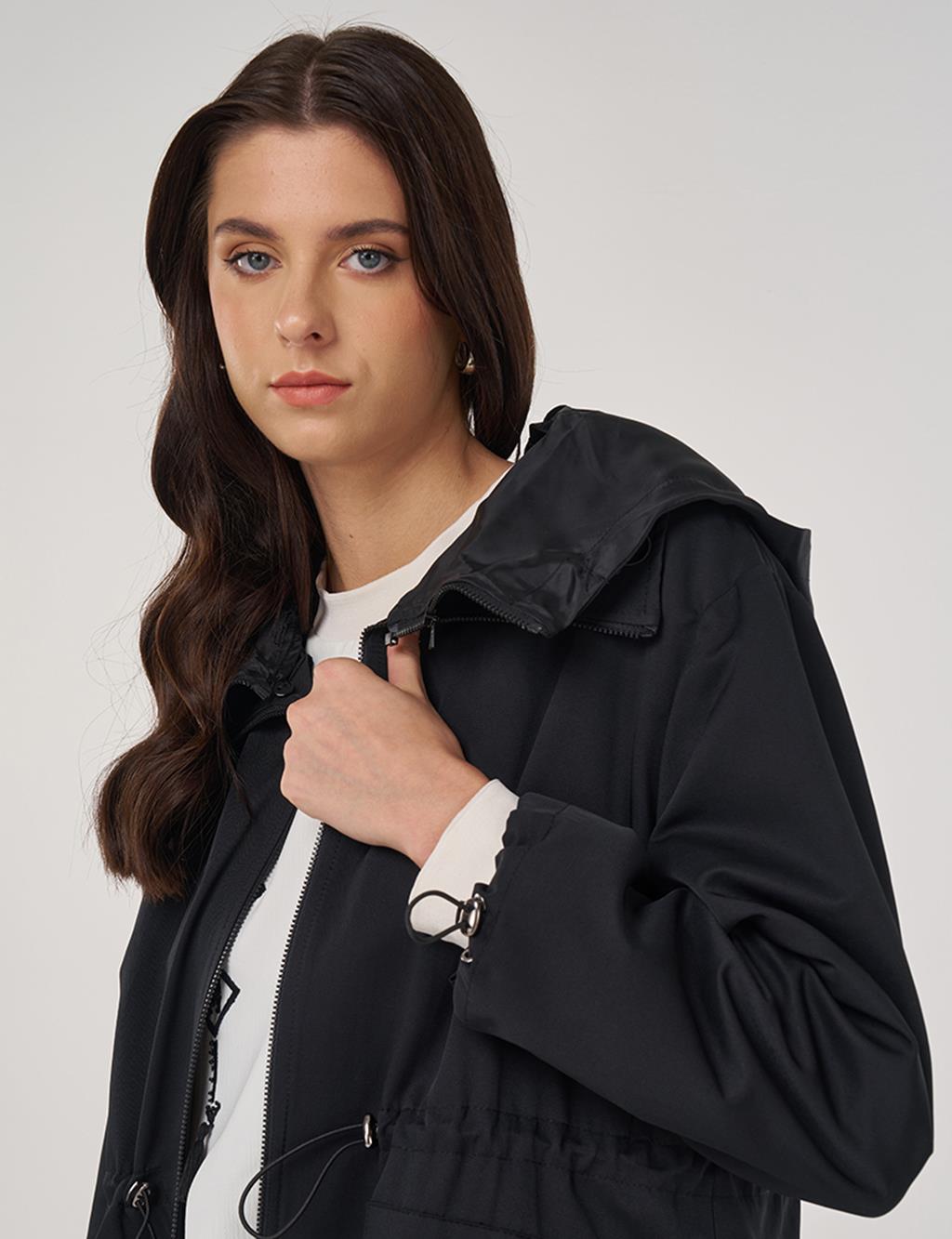 Drawstring Waist Trench Coat Black