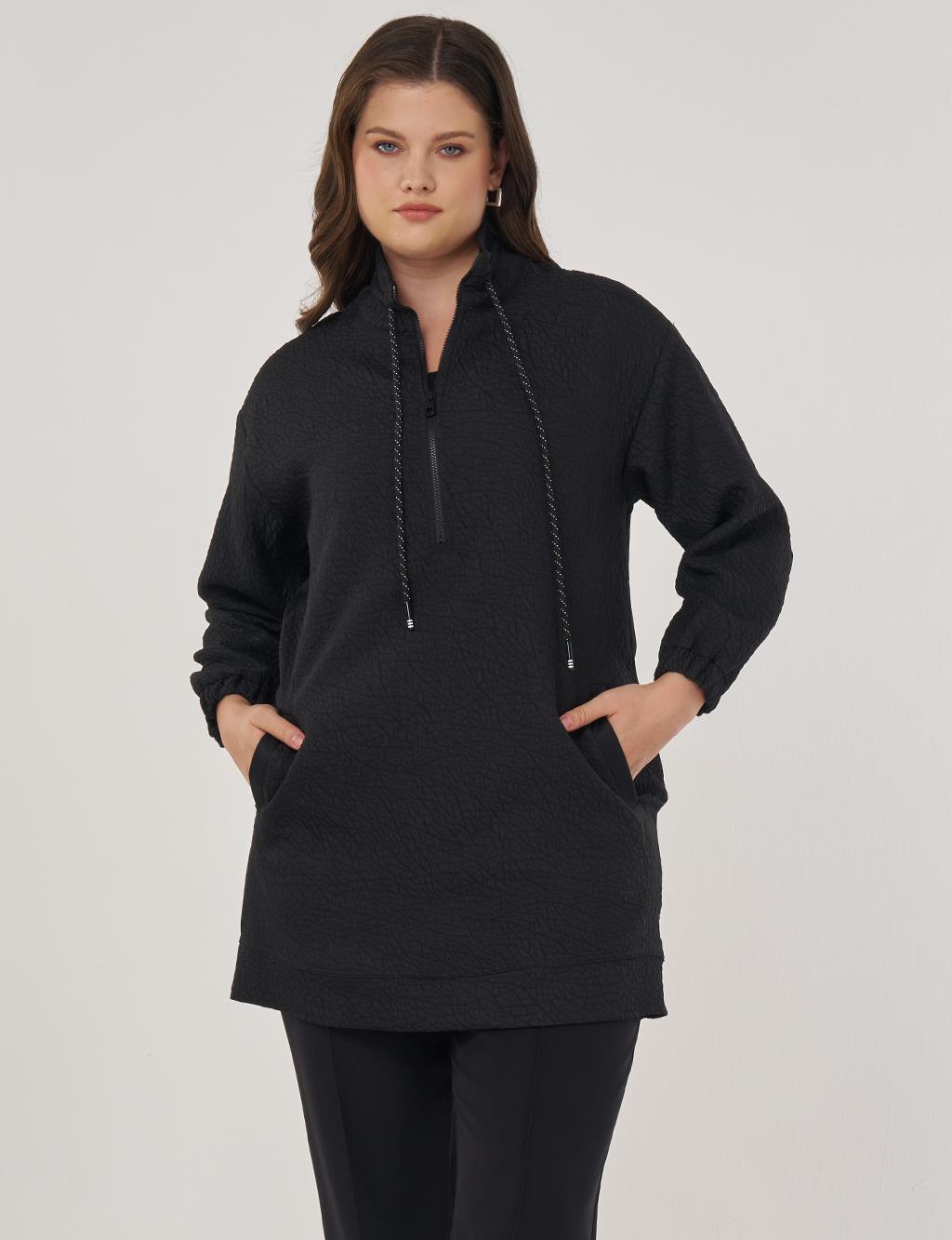 High-Neck Embossed Sweatshirt Black