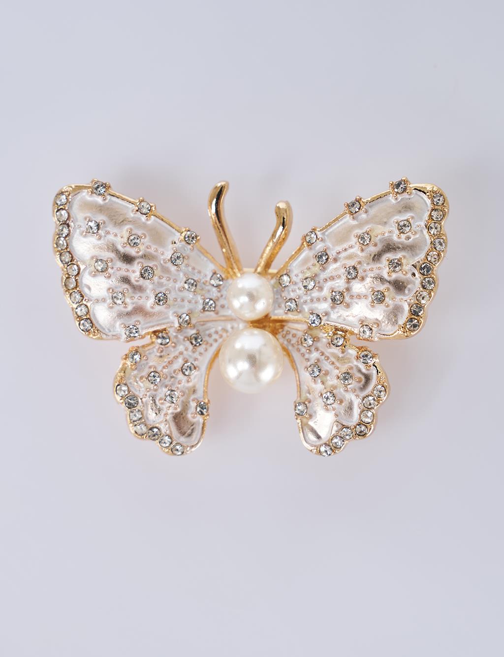İnci Detaylı Kelebek Figürlü Broş Gold