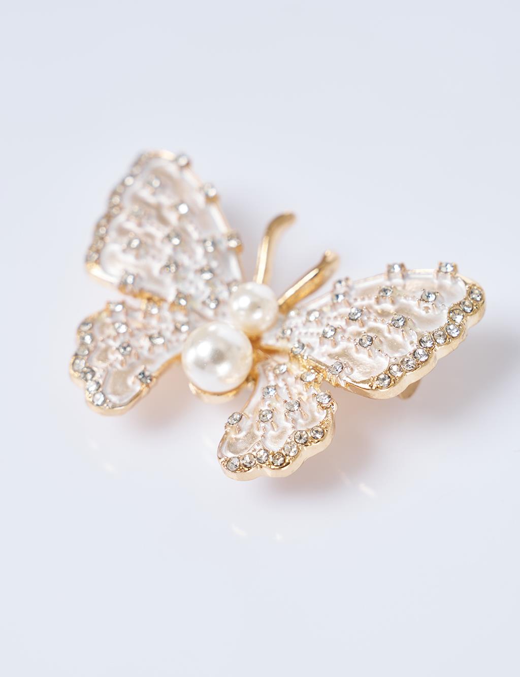 İnci Detaylı Kelebek Figürlü Broş Gold