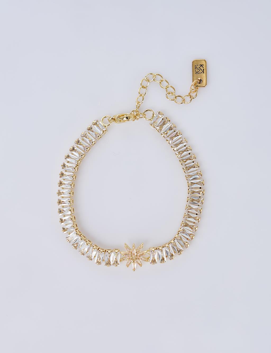 Parlak Taşlı Su Yolu Bileklik Gold 