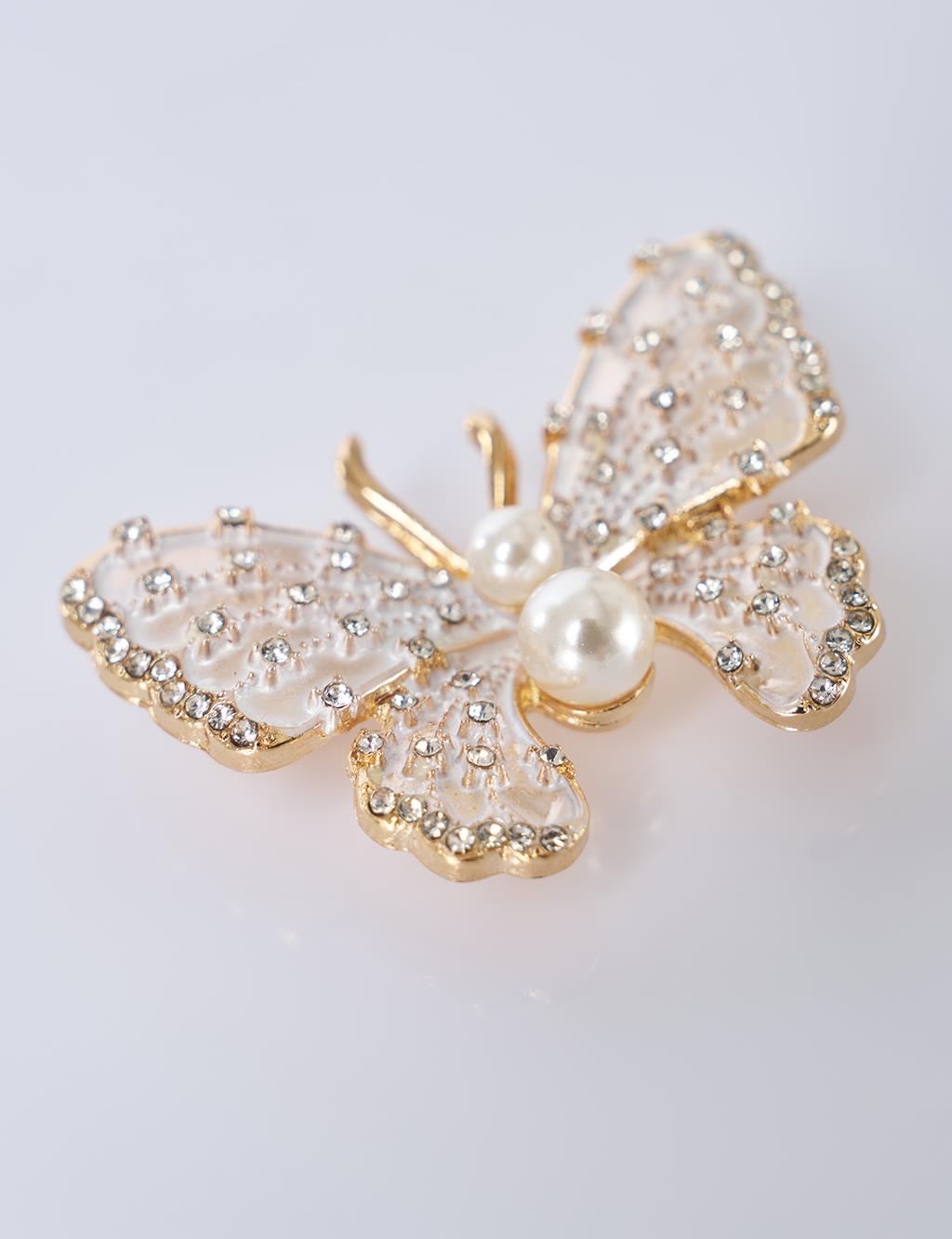 İnci Detaylı Kelebek Figürlü Broş Gold