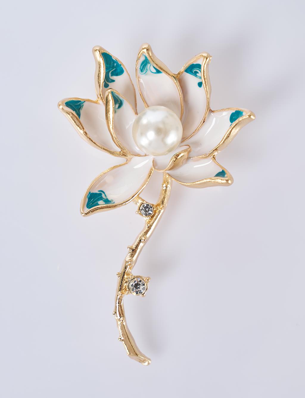 İnci Detaylı Zambak Figürlü Broş Gold 