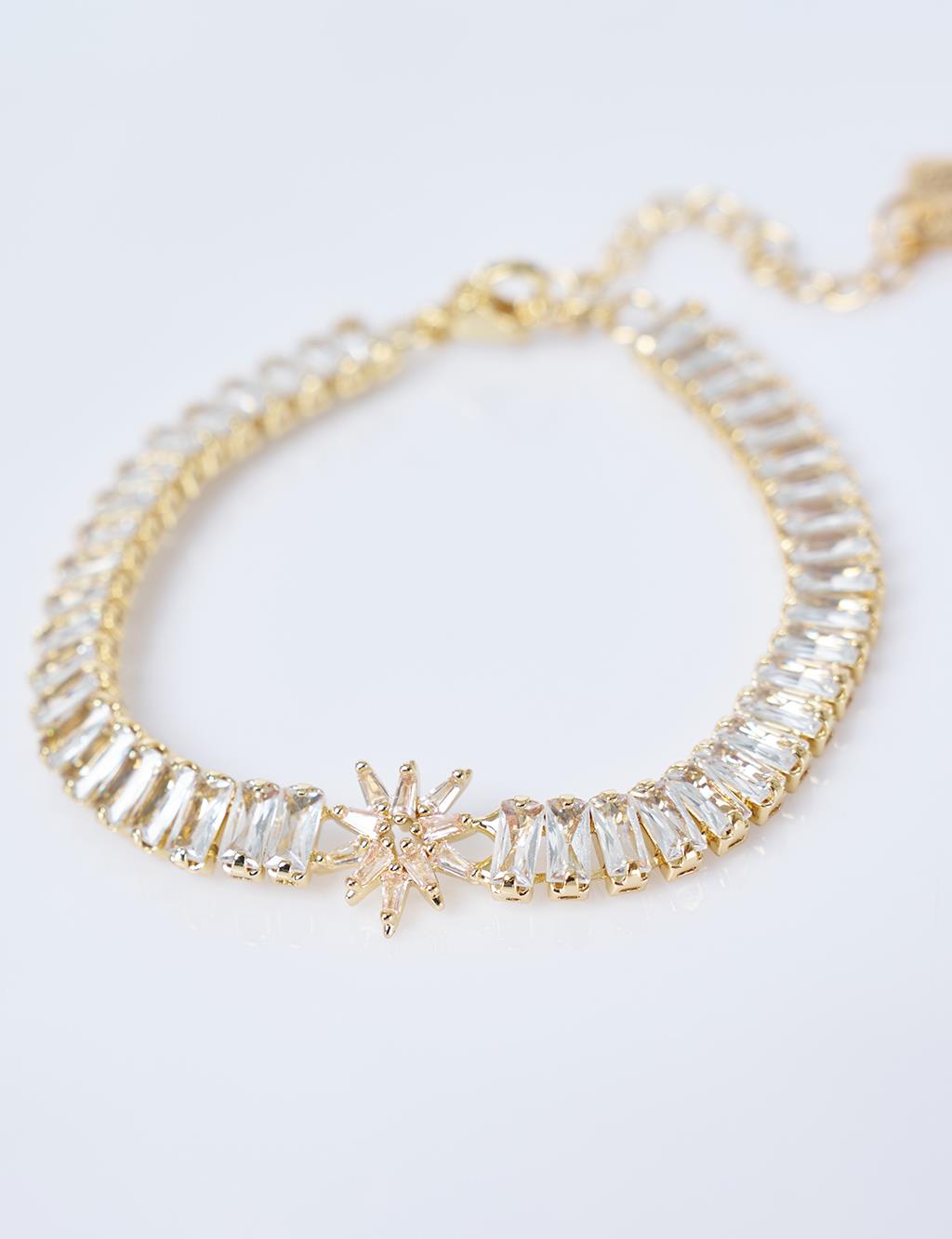 Parlak Taşlı Su Yolu Bileklik Gold 