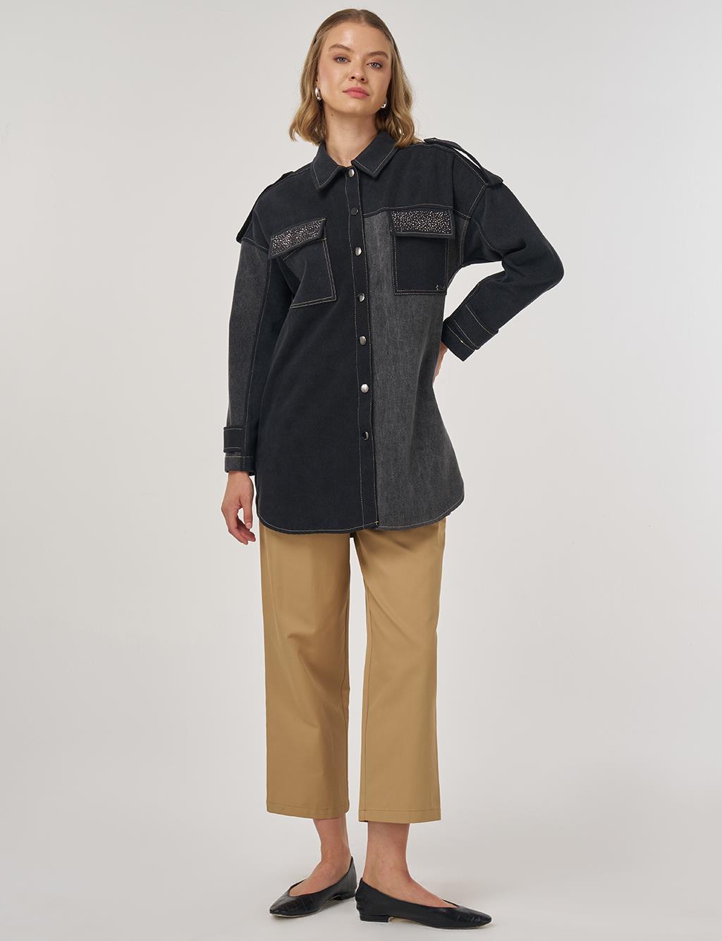 Apolet Detaylı Denim Ceket Siyah