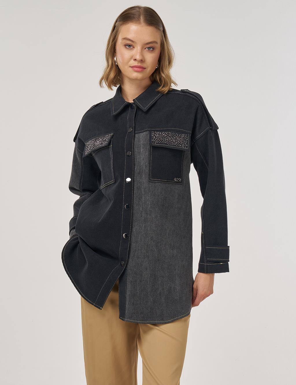 Apolet Detaylı Denim Ceket Siyah