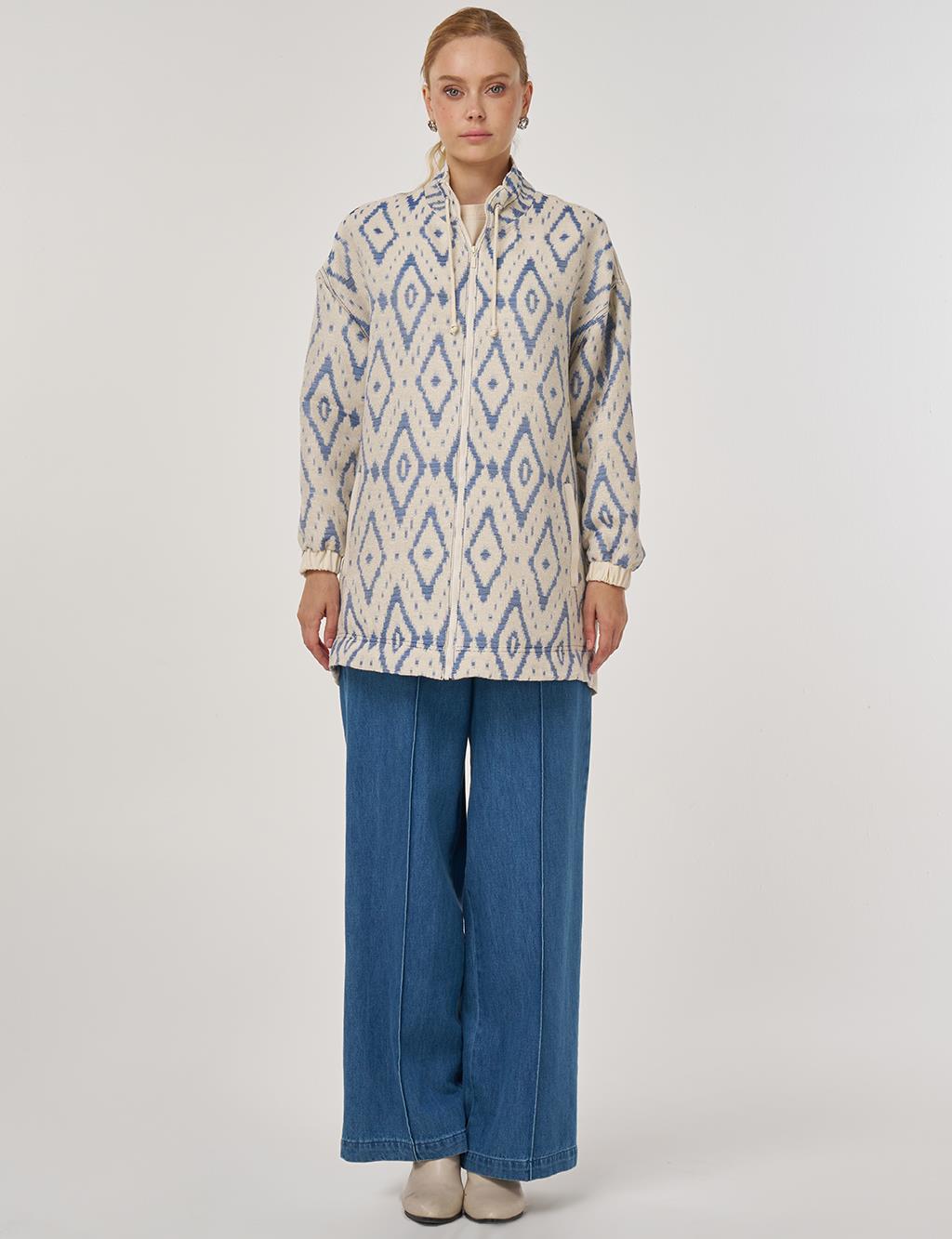 High Neck Jacquard Jacket in Indigo