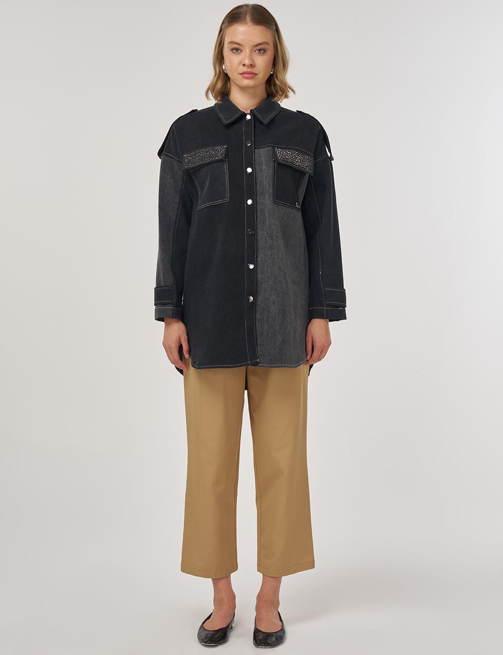 Apolet Detaylı Denim Ceket Siyah