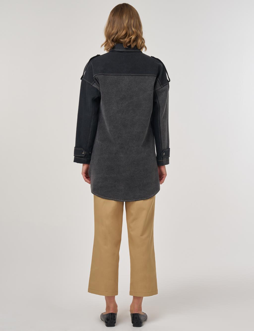 Apolet Detaylı Denim Ceket Siyah