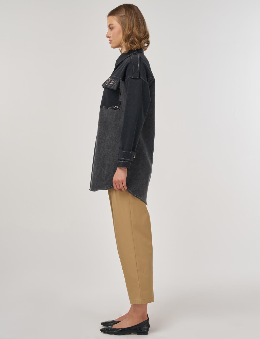 Apolet Detaylı Denim Ceket Siyah