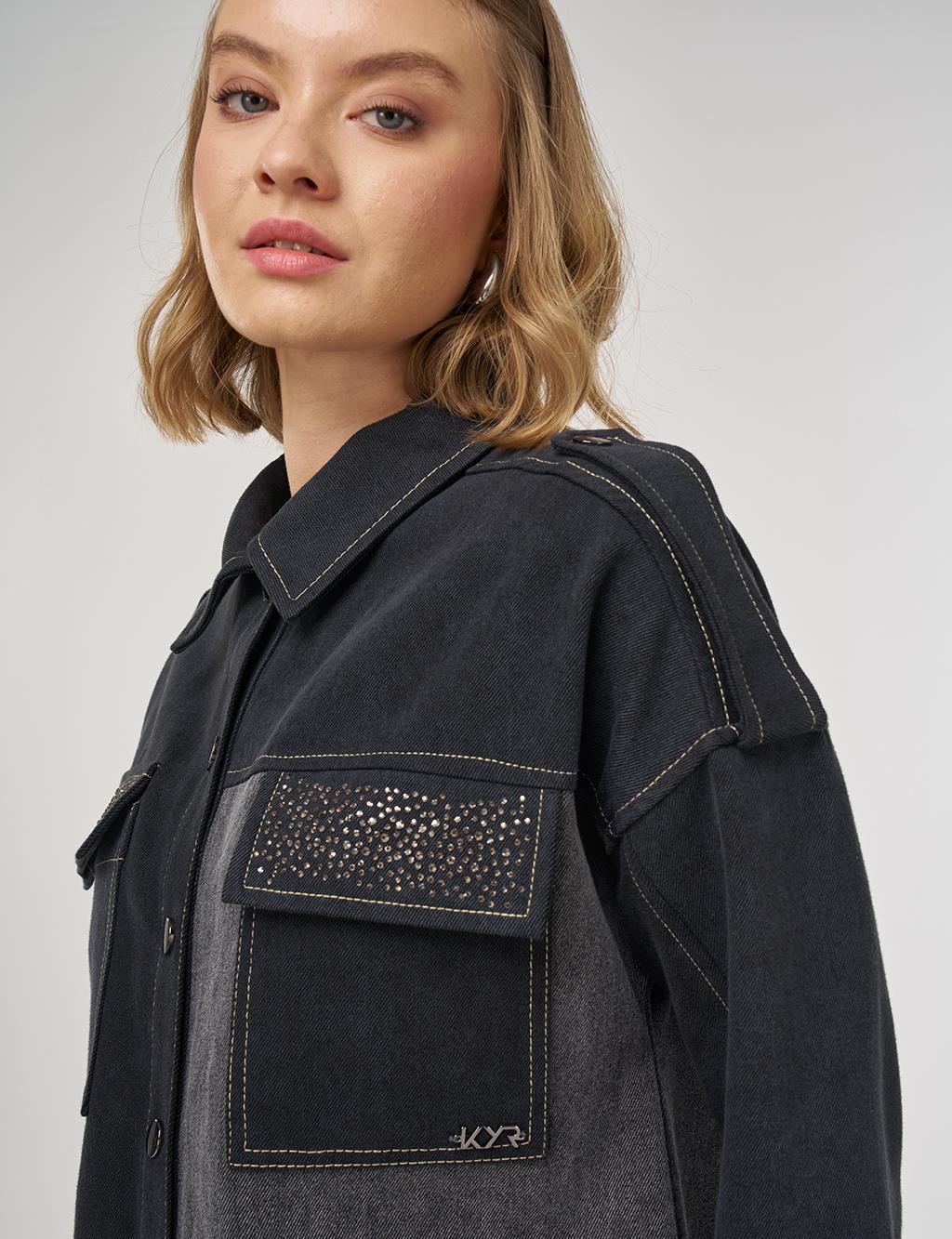 Apolet Detaylı Denim Ceket Siyah