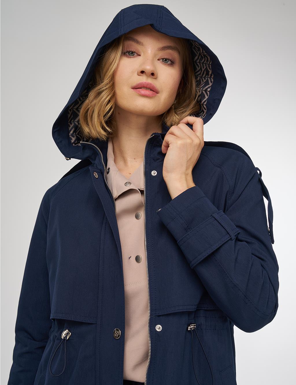 Hooded Detail Trench Coat in Dark Navy
