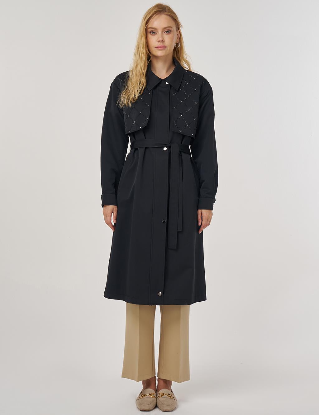 Hotfix Printed Trench Coat in Black