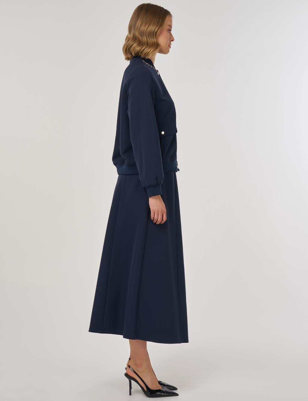 İşleme Detaylı Etekli Takım Koyu Lacivert 