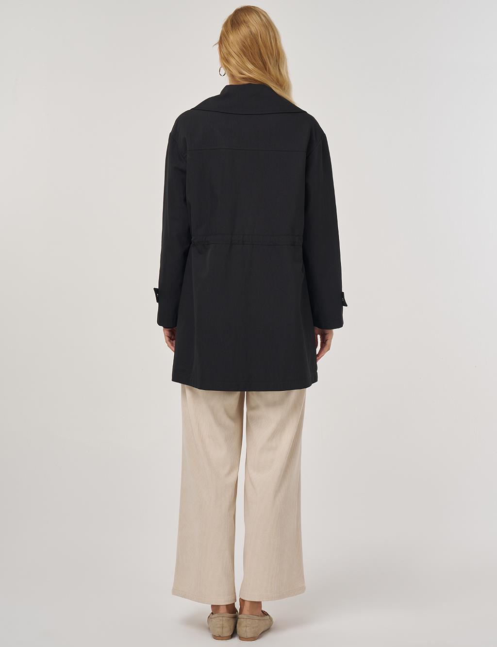 Embroidery Detail Short Trench Coat in Black