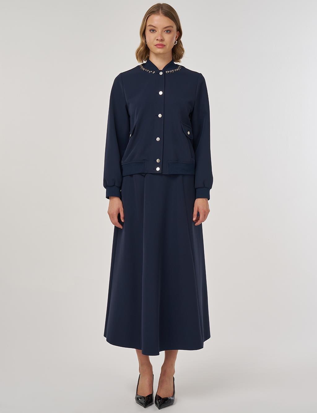İşleme Detaylı Etekli Takım Koyu Lacivert 