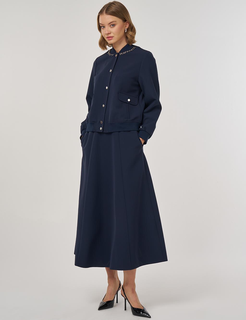 İşleme Detaylı Etekli Takım Koyu Lacivert 