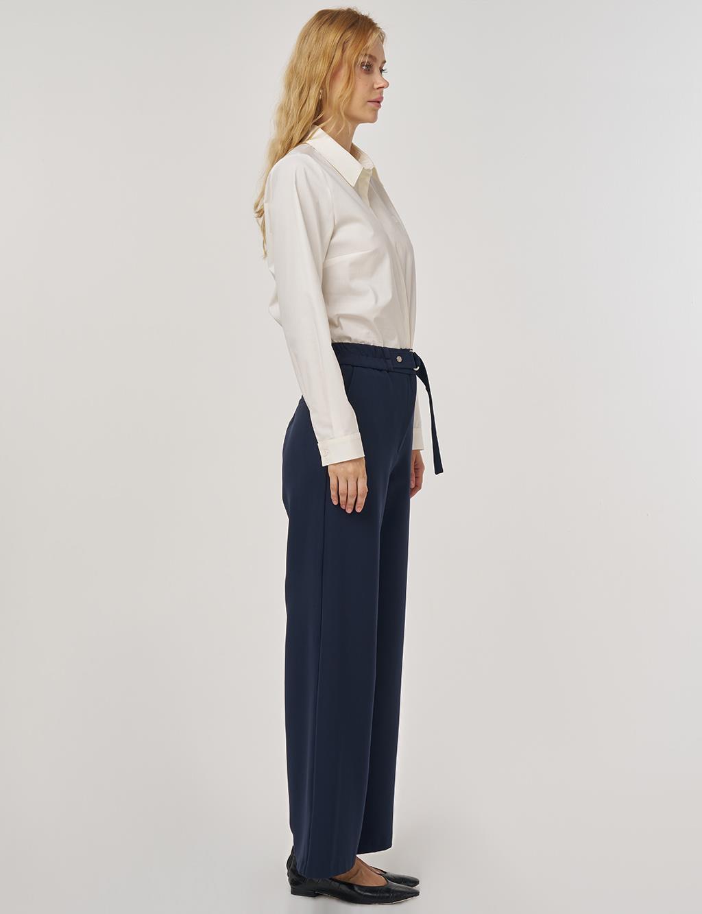Metal Buckle Fabric Pants in Dark Navy