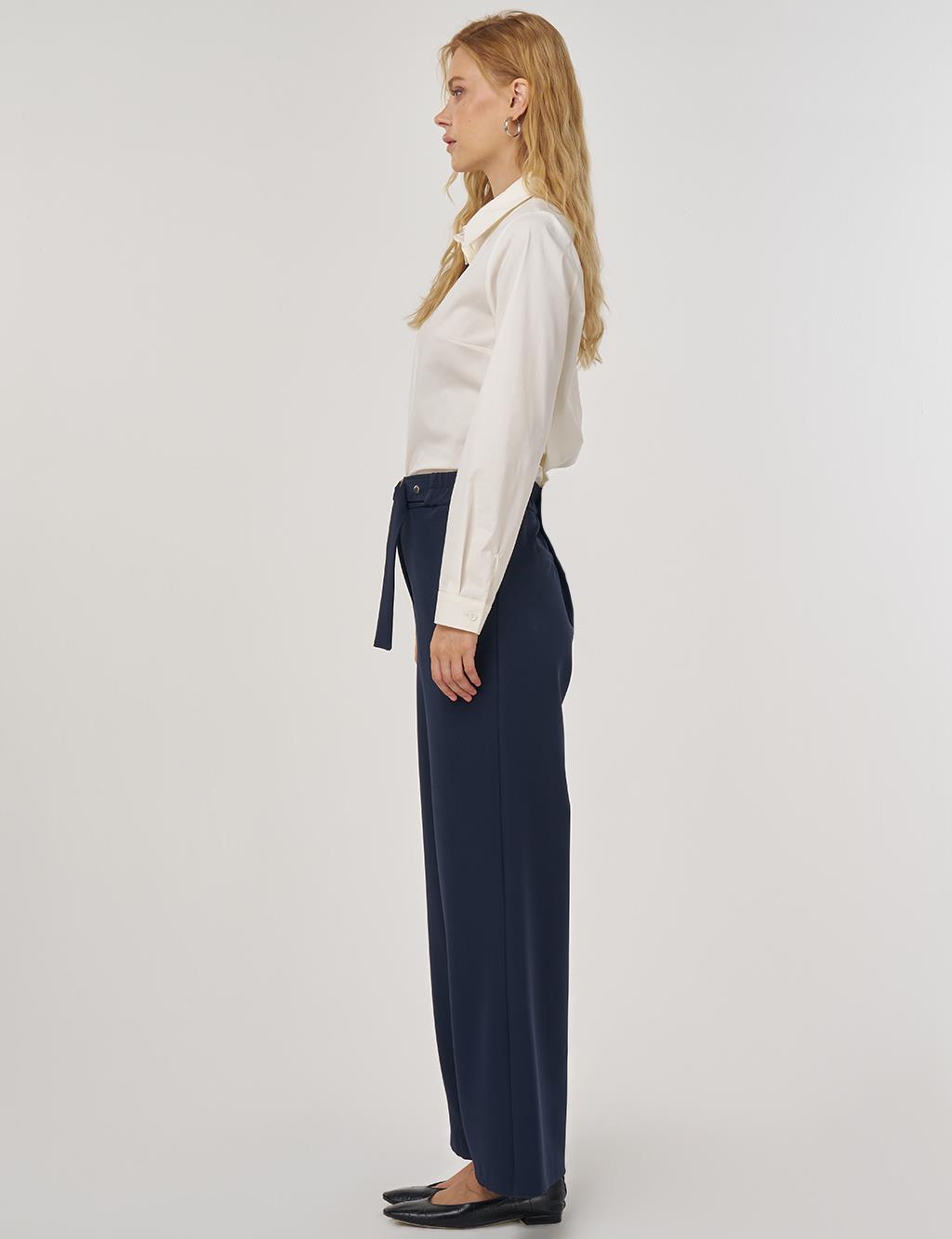 Metal Buckle Fabric Pants in Dark Navy