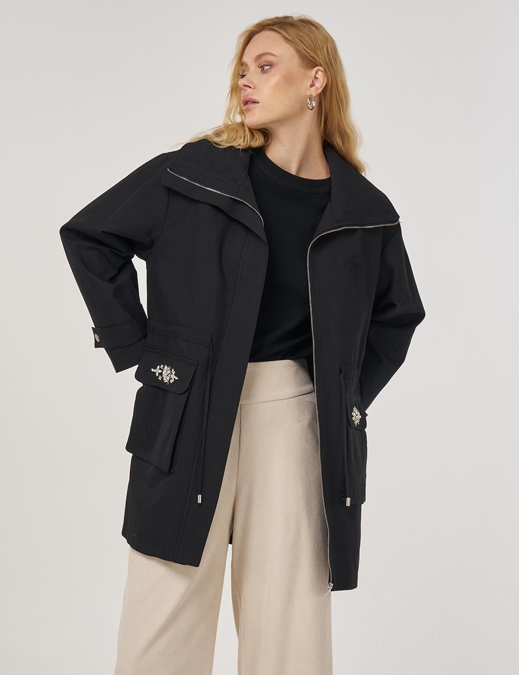 Embroidery Detail Short Trench Coat in Black