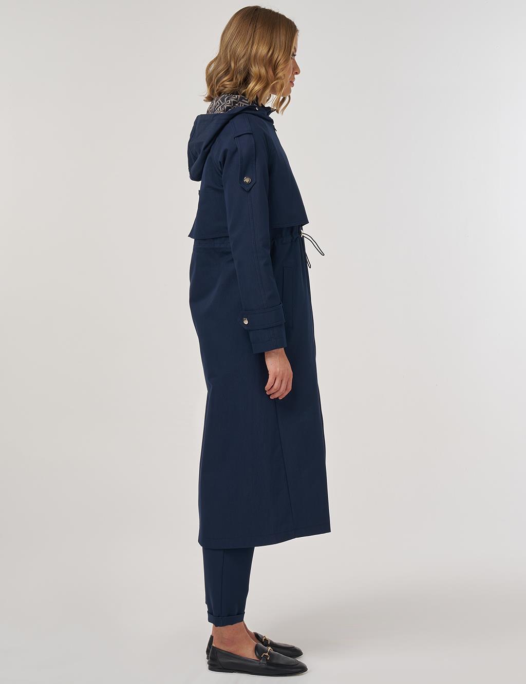 Hooded Detail Trench Coat in Dark Navy