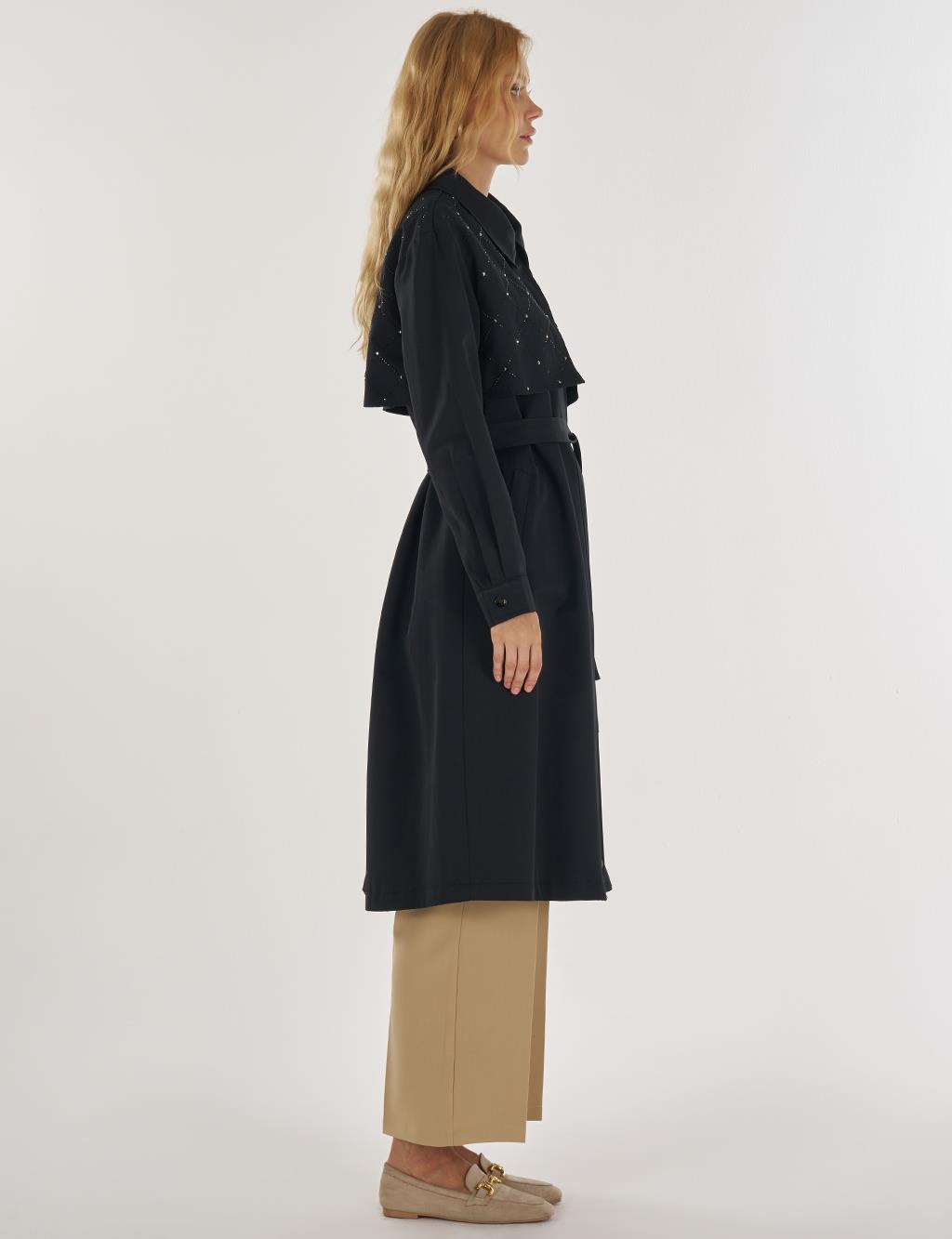 Hotfix Printed Trench Coat in Black