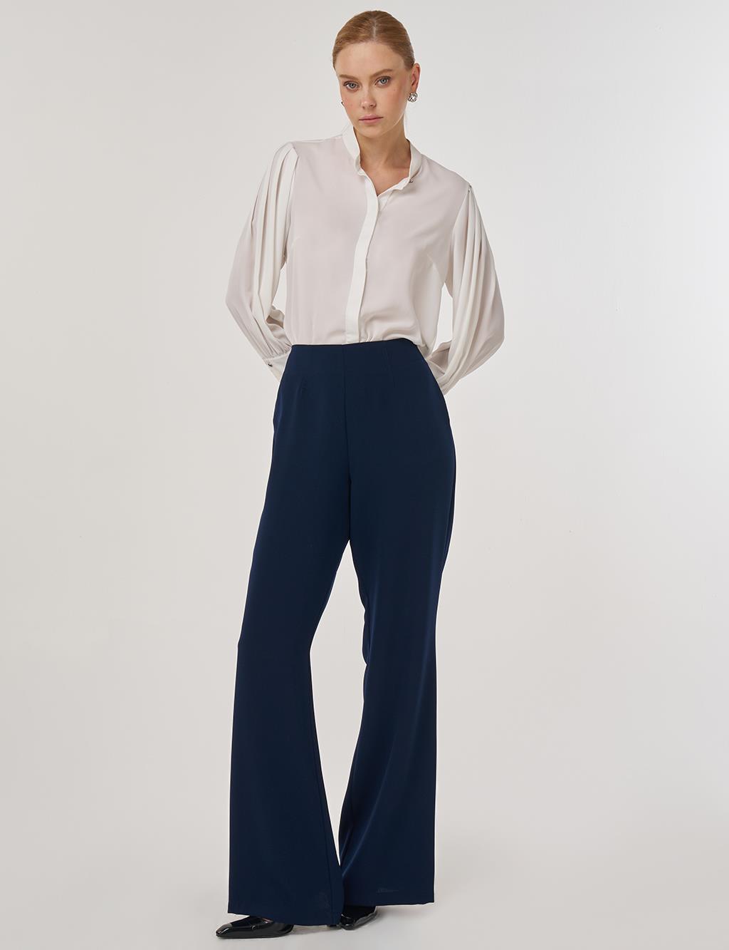 Yüksek Bel İspanyol Paça Pantolon Koyu Lacivert 