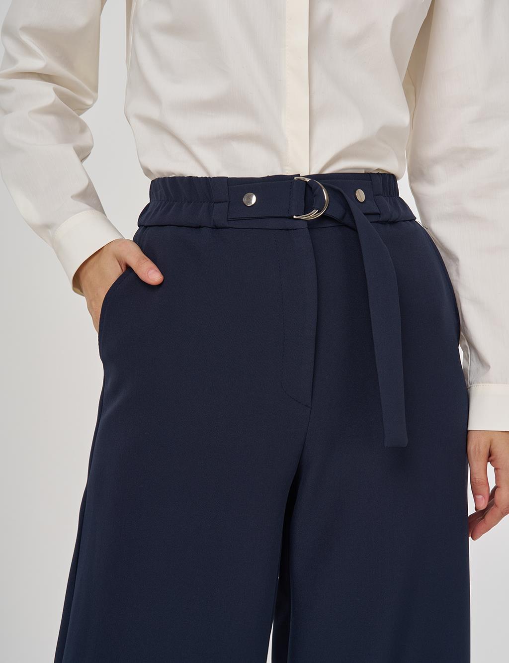 Metal Buckle Fabric Pants in Dark Navy