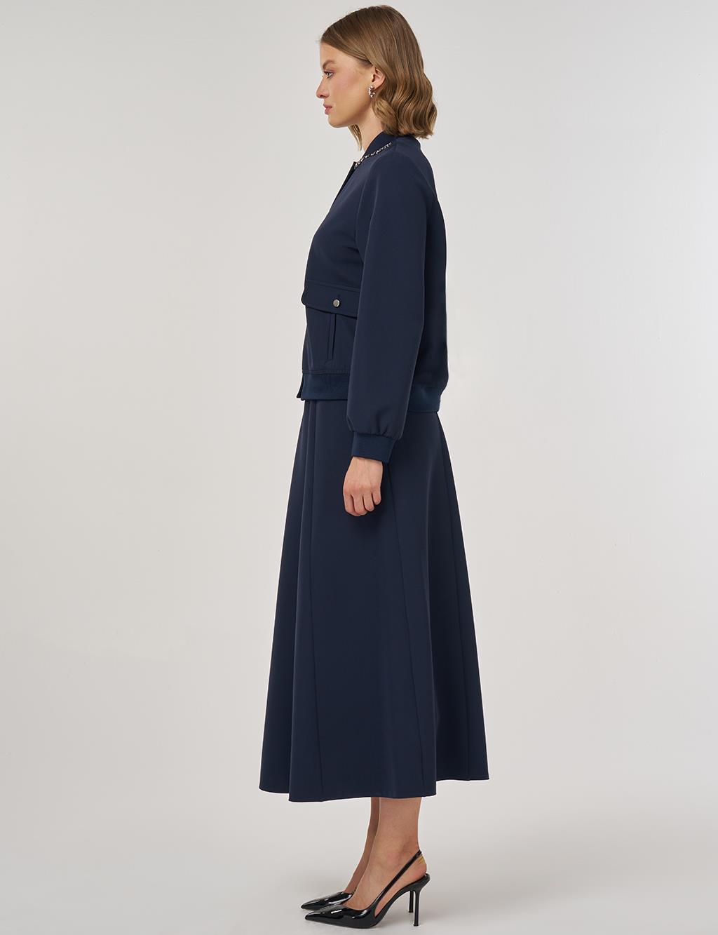 İşleme Detaylı Etekli Takım Koyu Lacivert 