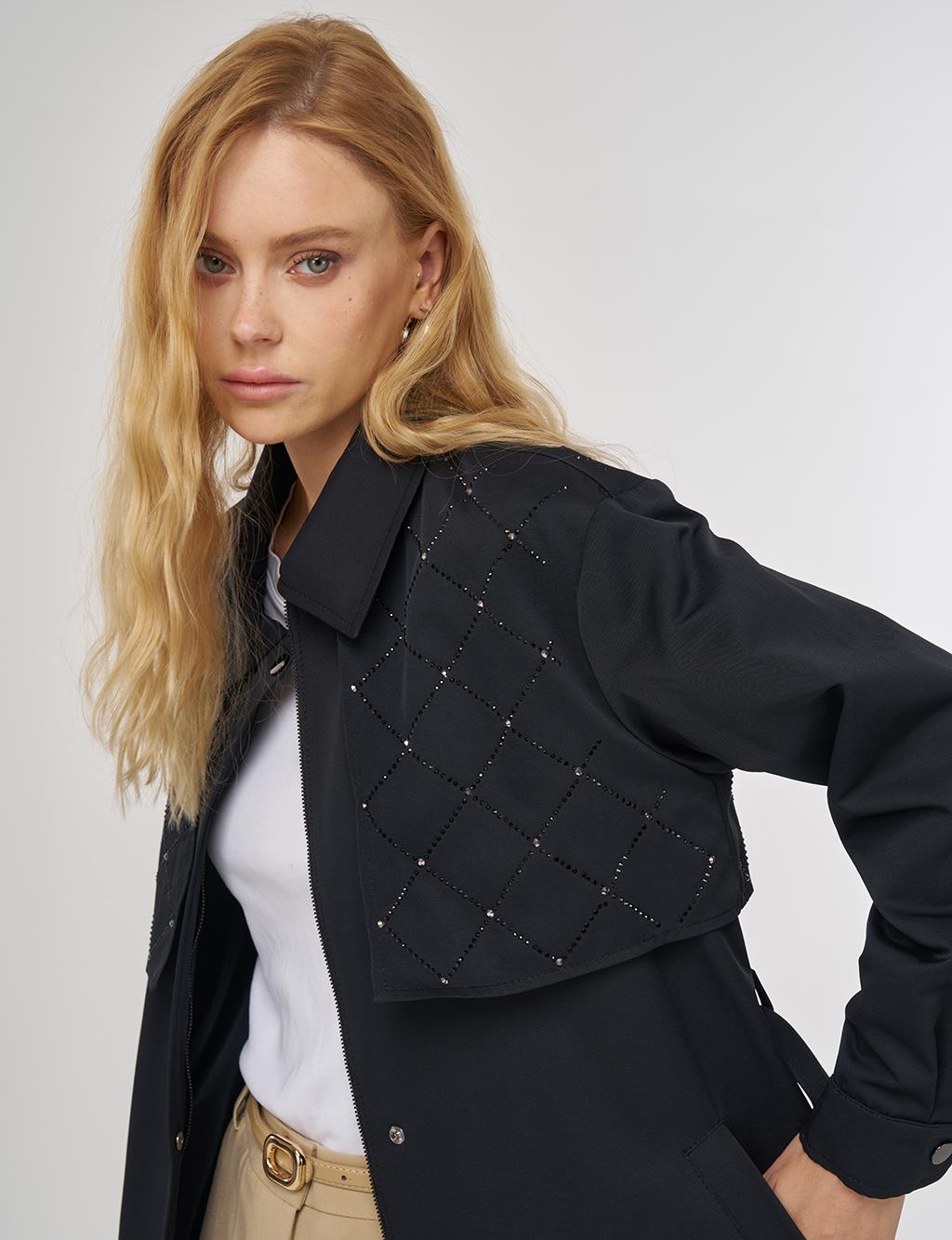 Hotfix Printed Trench Coat in Black