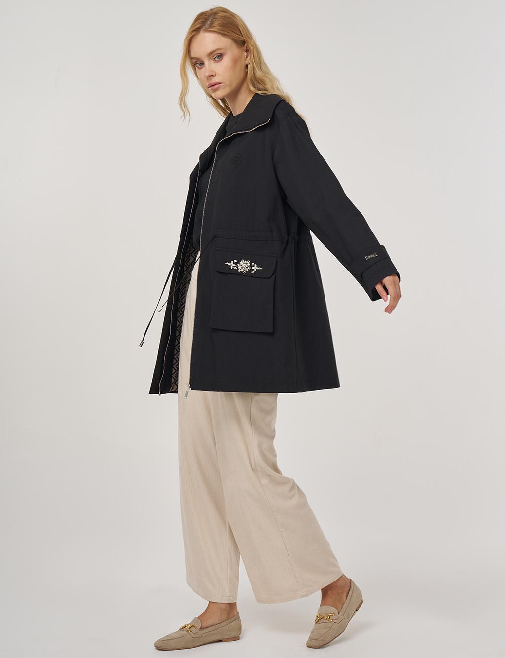 Embroidery Detail Short Trench Coat in Black
