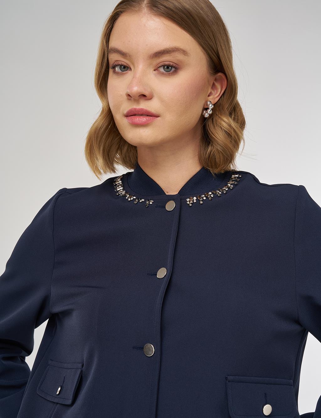 İşleme Detaylı Etekli Takım Koyu Lacivert 