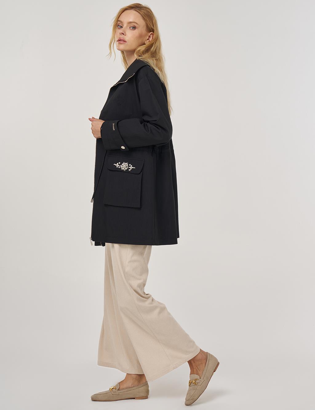 Embroidery Detail Short Trench Coat in Black