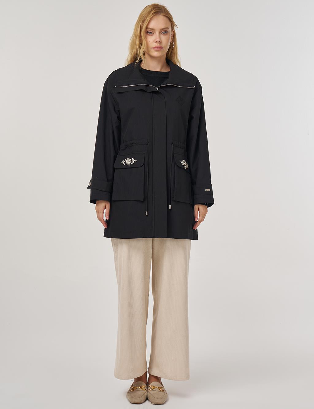 Embroidery Detail Short Trench Coat in Black