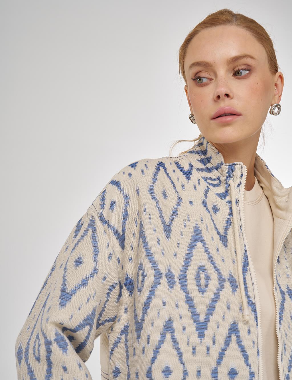 High Neck Jacquard Jacket in Indigo