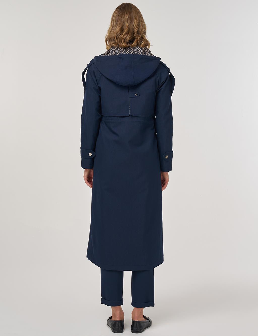 Hooded Detail Trench Coat in Dark Navy